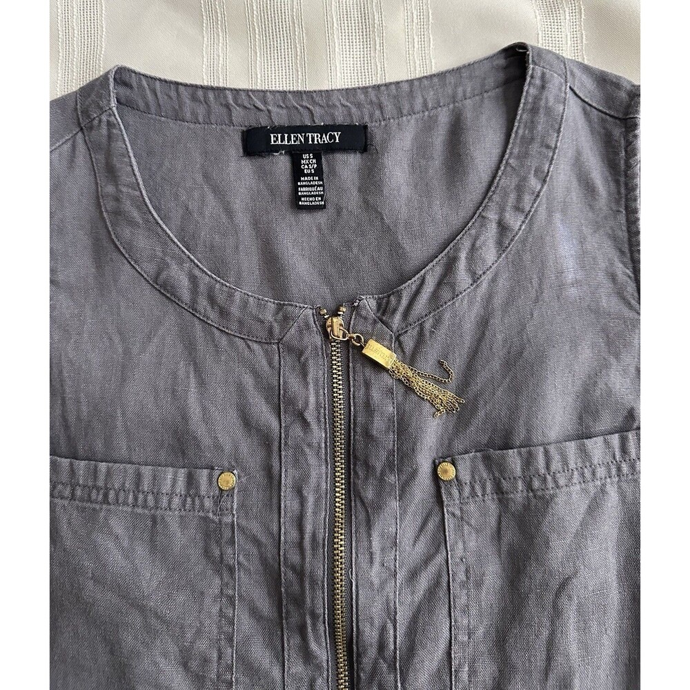 Ellen Tracy 100% Linen Top Size S Gray Gold Zip Tunic Tank - Picture 11 of 14